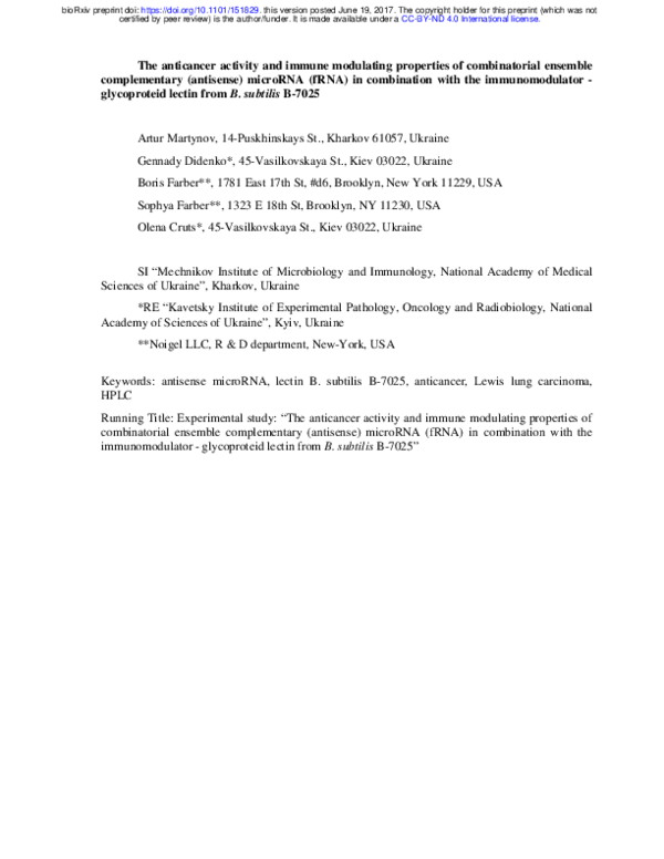 (PDF) The anticancer activity of antisense microRNA (fRNA) in ...