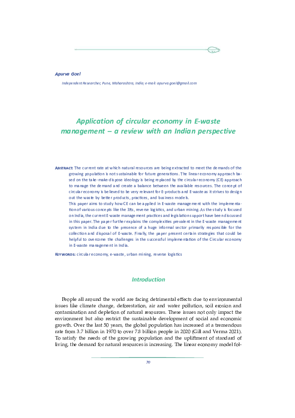 (PDF) Application of circular economy in E-waste management – a review ...