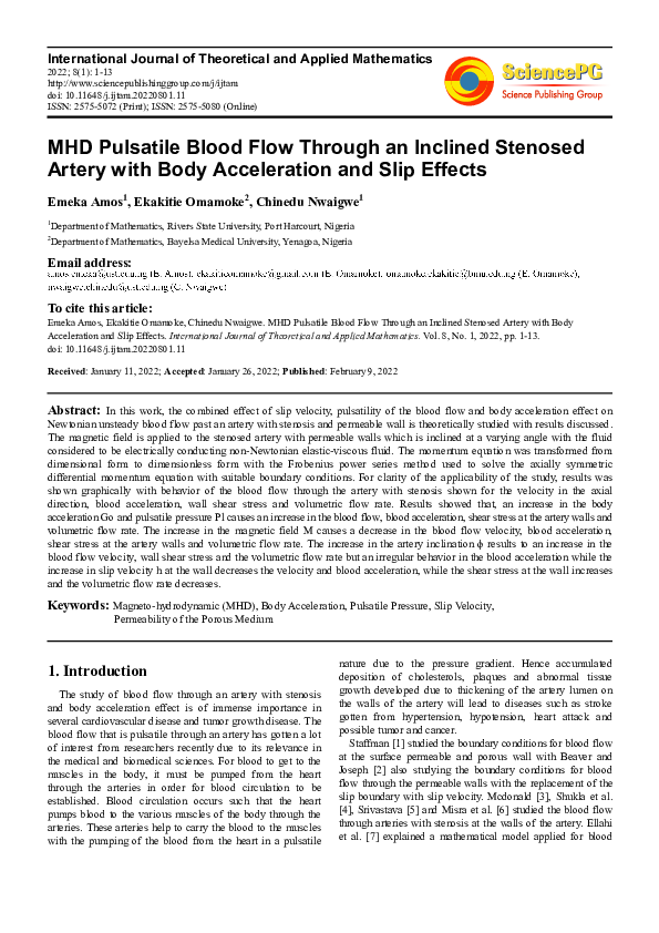 (PDF) MHD Pulsatile Blood Flow Through an Inclined Stenosed Artery with ...