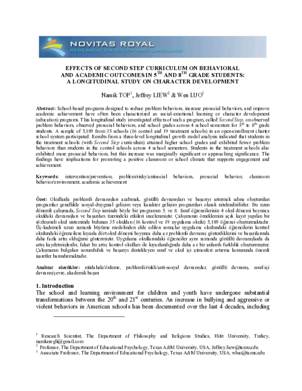 (PDF) EFFECTS OF SECOND STEP CURRICULUM ON BEHAVIORAL AND ACADEMIC ...