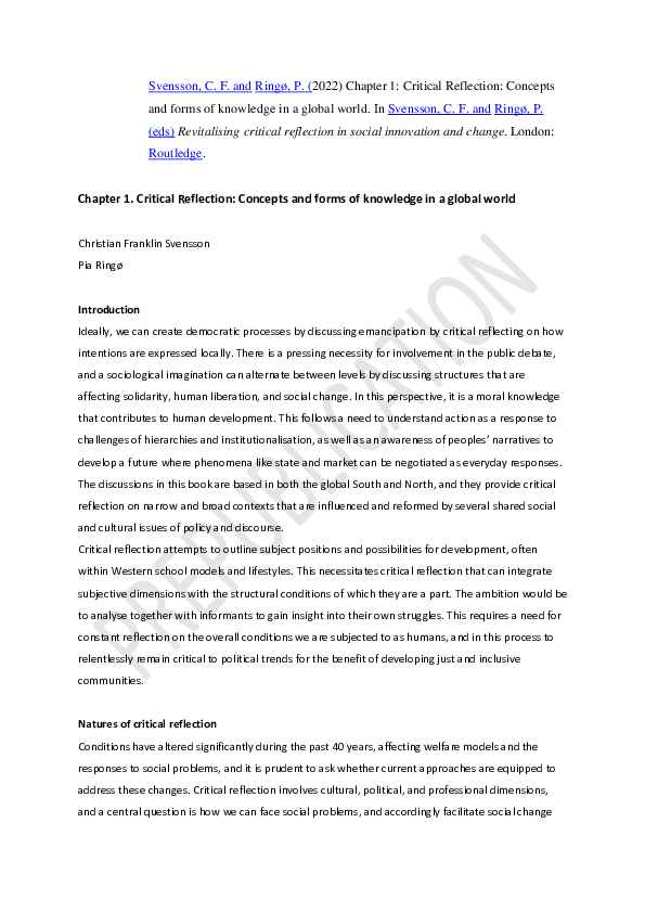 (PDF) Critical reflection as concept and forms of knowledge