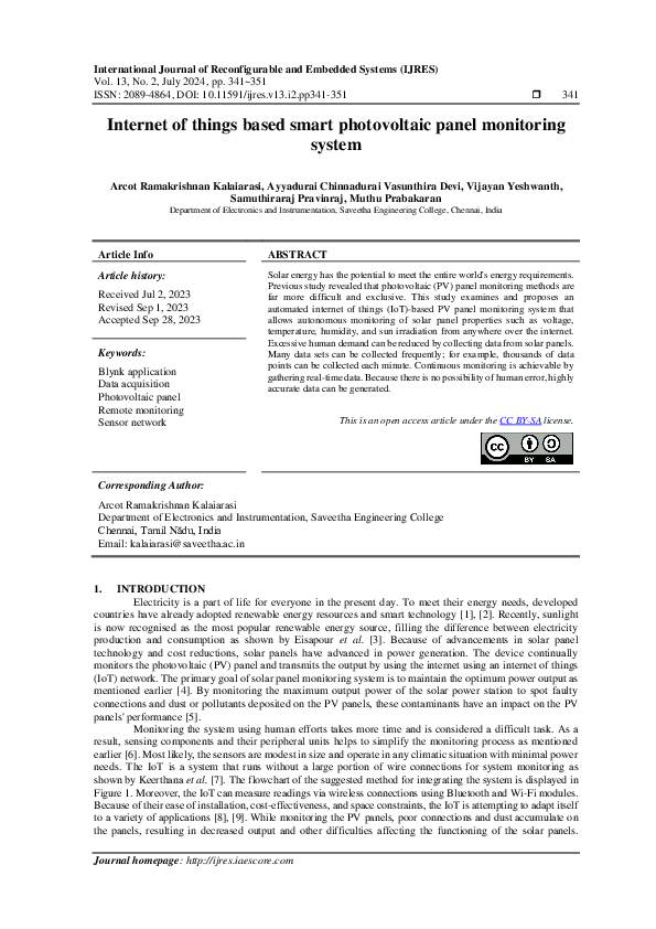 (PDF) Internet of things based smart photovoltaic panel monitoring system