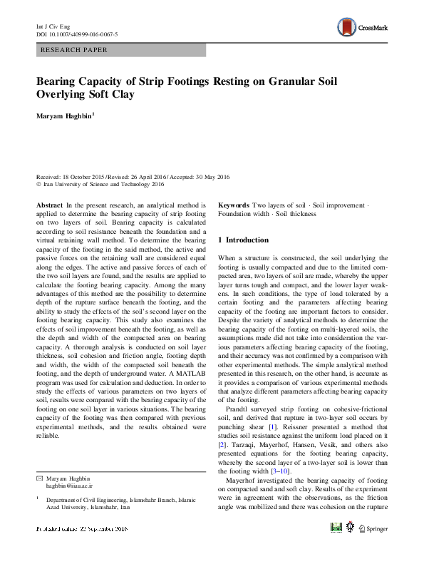 (PDF) Bearing Capacity of Strip Footings Resting on Granular Soil ...