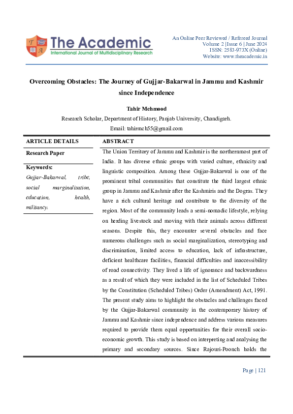 (PDF) Overcoming Obstacles: The Journey of Gujjar-Bakarwal in Jammu and ...