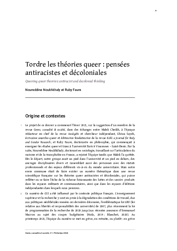 (PDF) Tordre les théories queer : pensées antiracistes et décoloniales