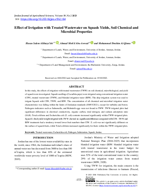 (PDF) Effect of Irrigation with Treated Wastewater on Squash Yields ...