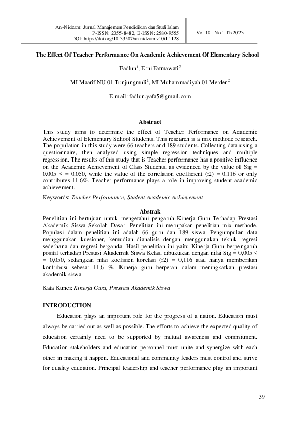 (PDF) The Effect Of Teacher Performance On Academic Achievement Of ...