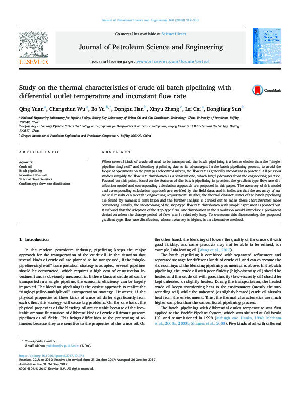 (PDF) Study on the thermal characteristics of crude oil batch ...
