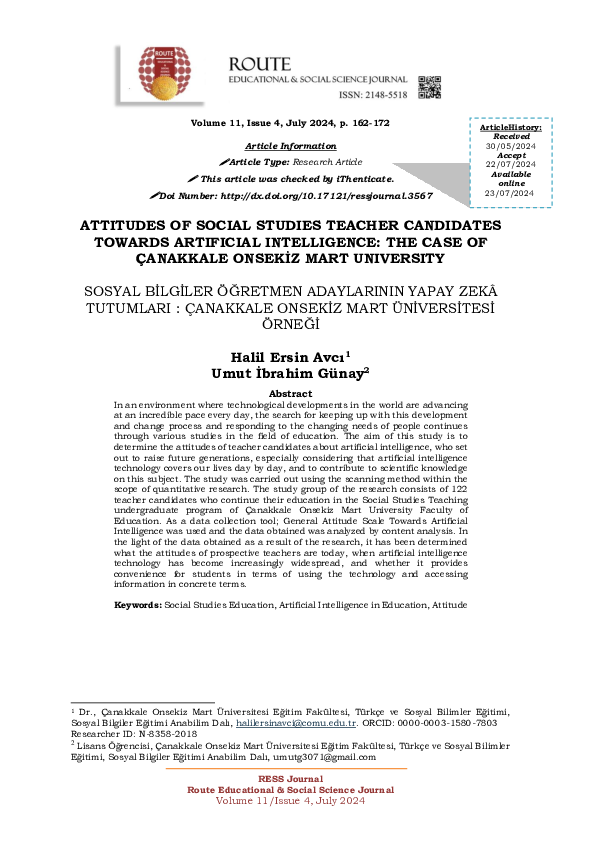(PDF) ATTITUDES OF SOCIAL STUDIES TEACHER CANDIDATES TOWARDS ARTIFICIAL ...