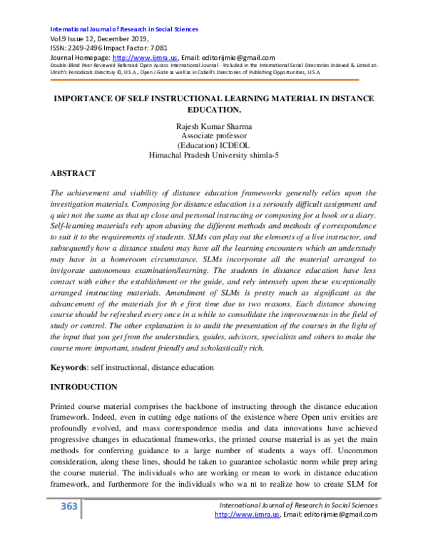 (PDF) IMPORTANCE OF SELF INSTRUCTIONAL LEARNING MATERIAL IN DISTANCE ...