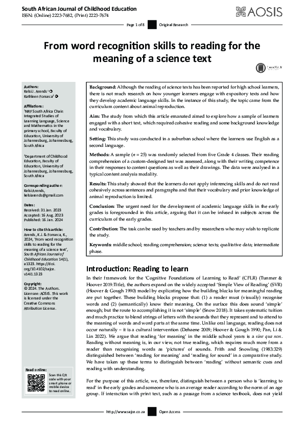 (PDF) From word recognition skills to reading for the meaning of a ...