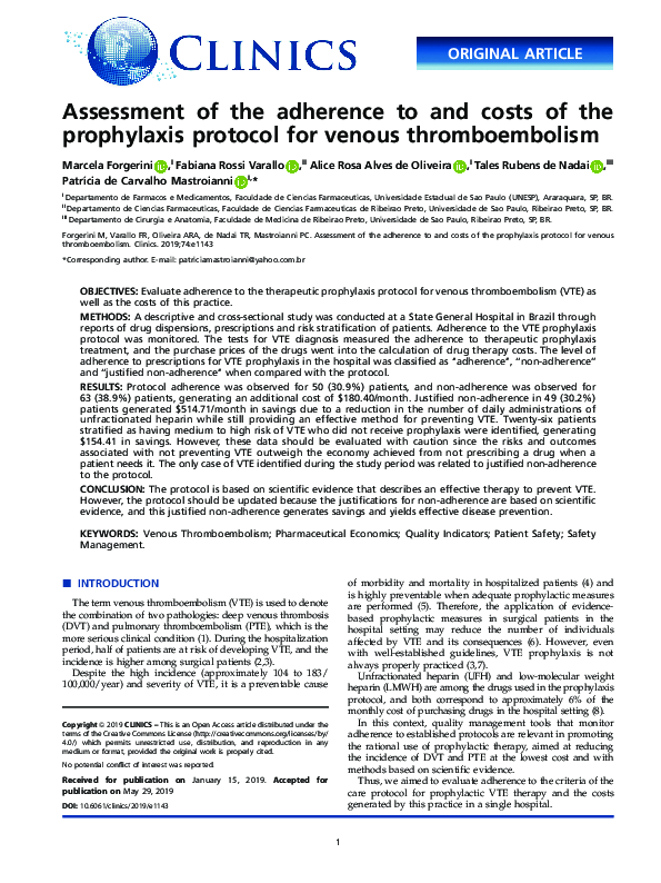 (PDF) Assessment of the adherence to and costs of the prophylaxis ...