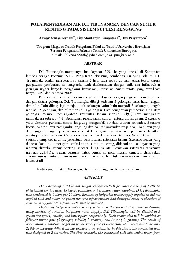 (PDF) Pola Penyediaan Air D.I. Tibunangka dengan Sumur Renteng pada ...