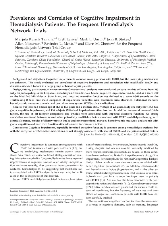 (PDF) Prevalence and Correlates of Cognitive Impairment in Hemodialysis ...