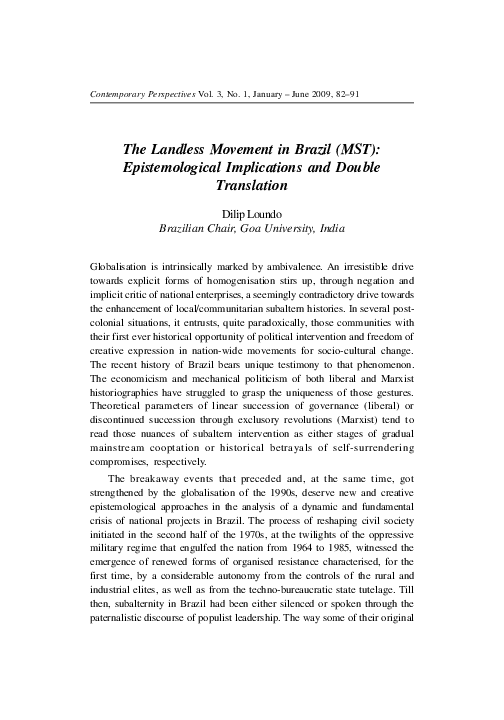 (PDF) The Landless Movement in Brazil (MST): Epistemological ...