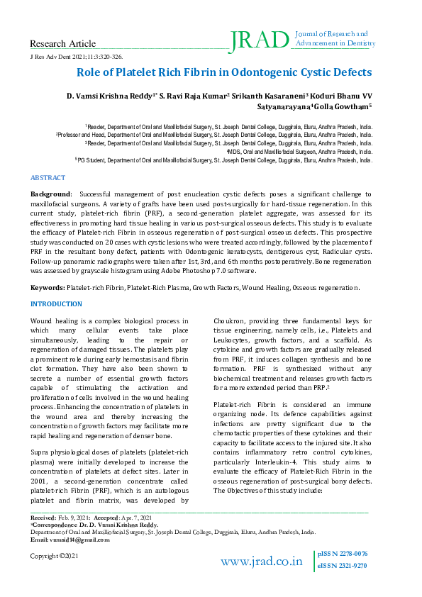 (PDF) Role of Platelet Rich Fibrin in Odontogenic Cystic Defects