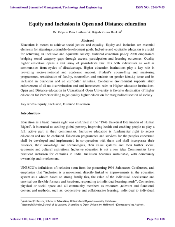 (PDF) Equity and Inclusion in Open and Distance education