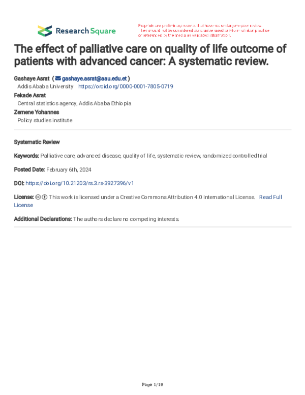 (PDF) The effect of palliative care on quality of life outcome of ...