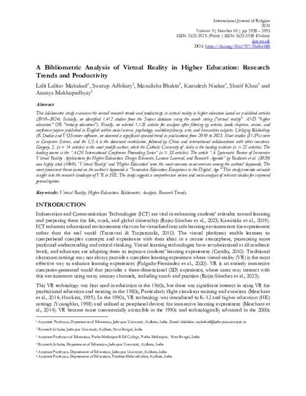 (PDF) A Bibliometric Analysis of Virtual Reality in Higher Education ...