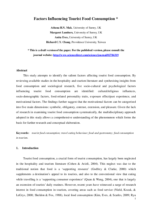 (PDF) Factors influencing tourist food consumption