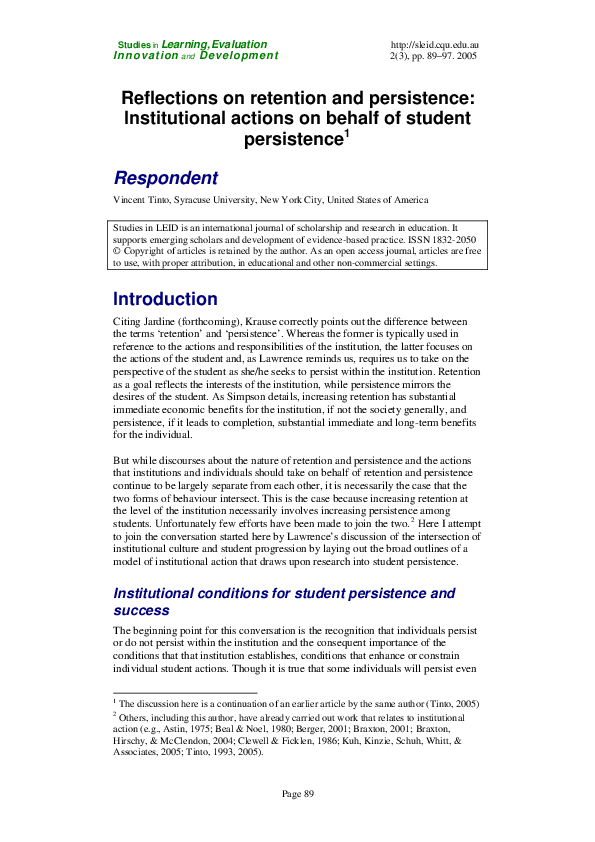 (PDF) Reflections on retention and persistence: Institutional actions ...
