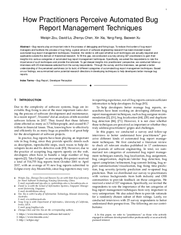 (PDF) How Practitioners Perceive Automated Bug Report Management Techniques