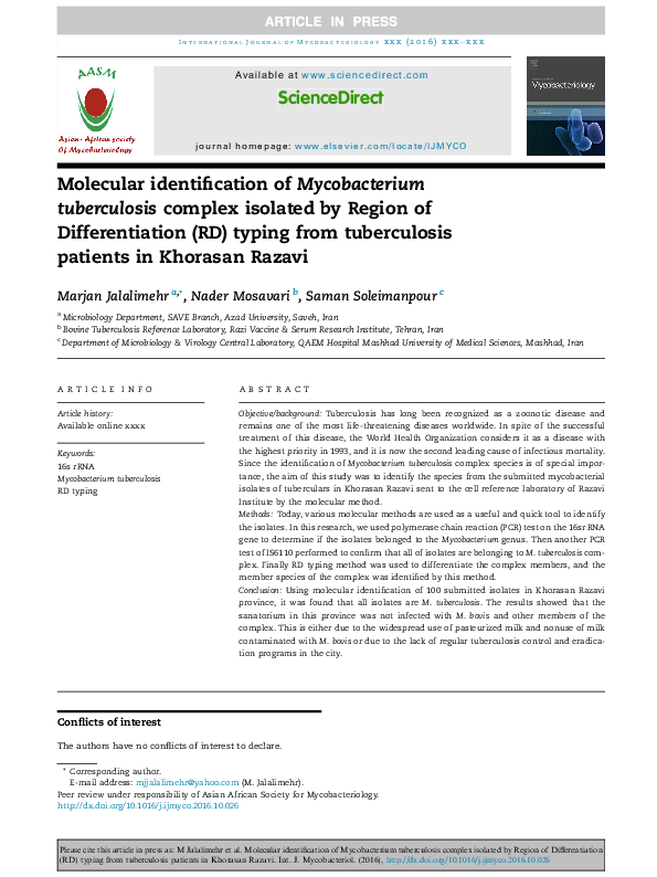 (PDF) Molecular identification of Mycobacterium tuberculosis complex ...
