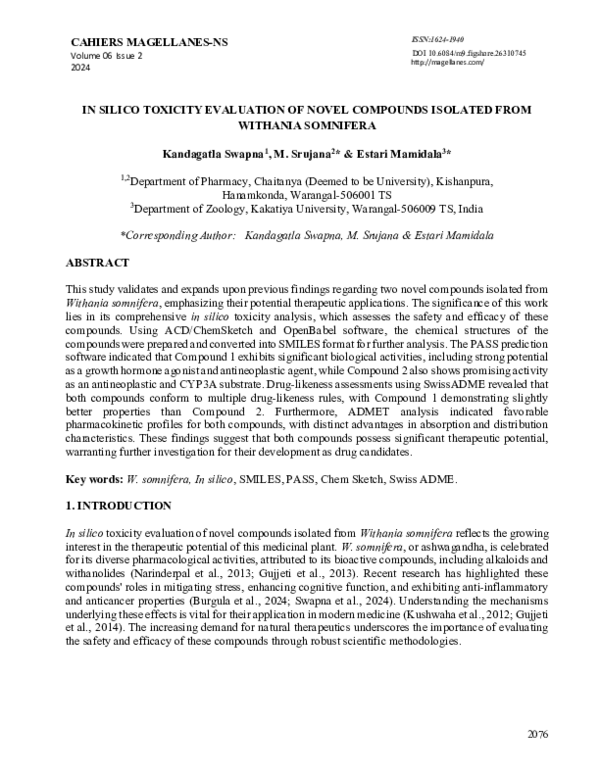 (PDF) IN SILICO TOXICITY EVALUATION OF NOVEL COMPOUNDS ISOLATED FROM ...