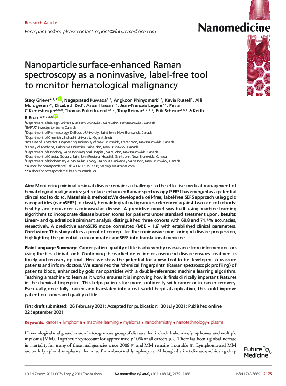 (PDF) Nanoparticle surface-enhanced Raman spectroscopy as a noninvasive ...