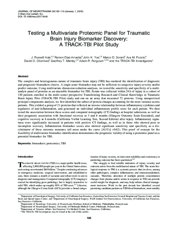 (PDF) Testing a Multivariate Proteomic Panel for Traumatic Brain Injury ...