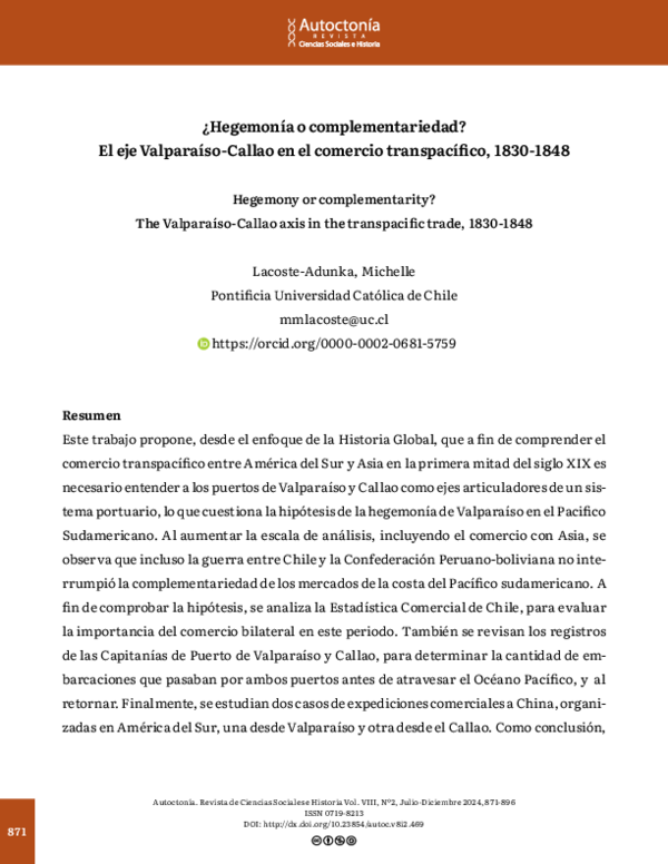 ¿Hegemonía o complementariedad? El eje Valparaíso-Callao en el comercio transpacífico, 1830-1848
