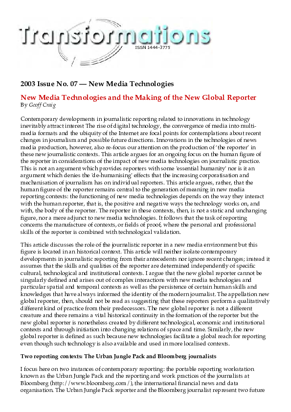(PDF) New Media Technologies and the Making of the New Global Reporter