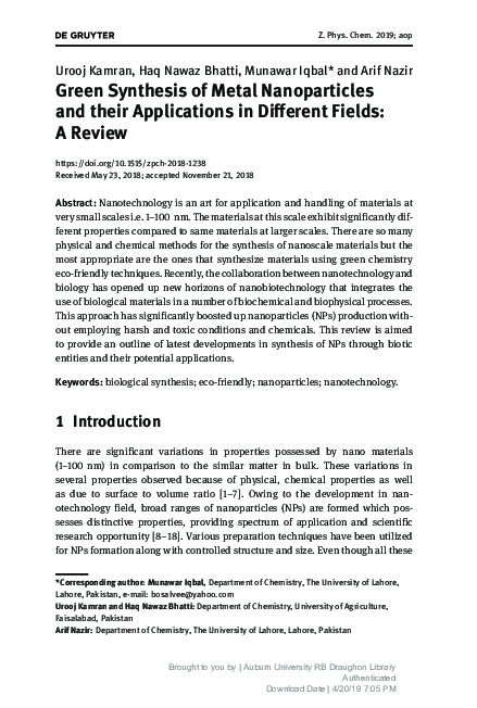 (PDF) Green Synthesis of Metal Nanoparticles and their Applications in ...