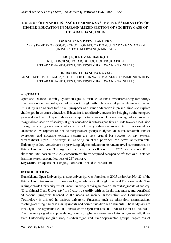 (PDF) ROLE OF OPEN AND DISTANCE LEARNING SYSTEM IN DISSEMINATION OF ...