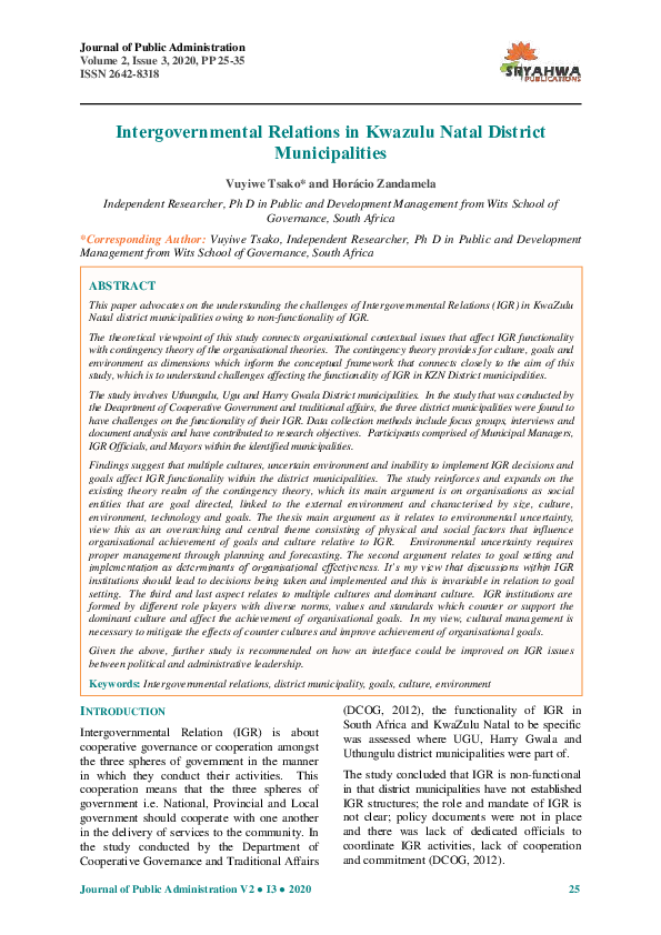 (PDF) Intergovernmental Relations in Kwazulu Natal District Municipalities