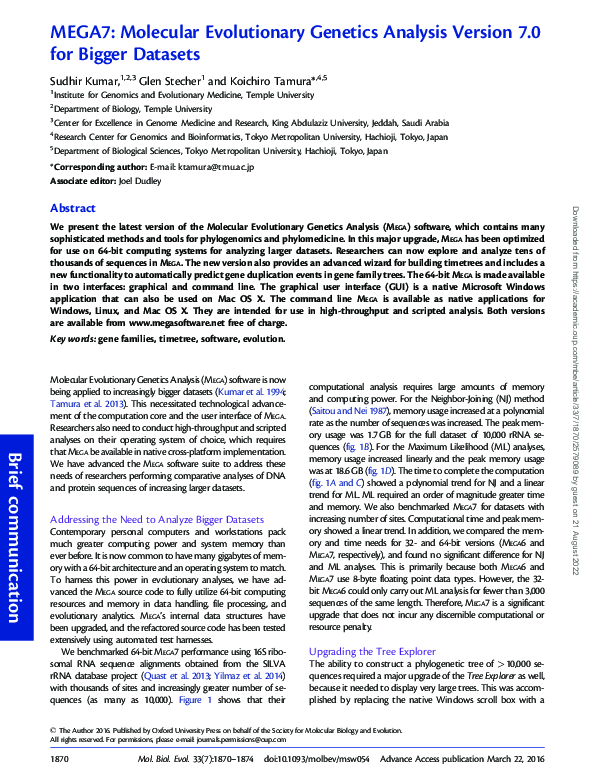 (PDF) MEGA7: Molecular Evolutionary Genetics Analysis version 7.0 for ...