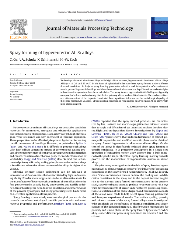 (PDF) Spray forming of hypereutectic Al–Si alloys