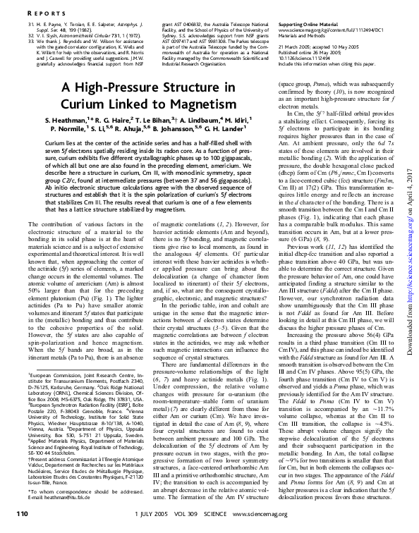 (PDF) A High-Pressure Structure in Curium Linked to Magnetism