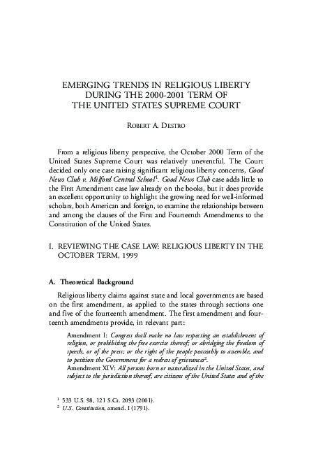 (PDF) Emerging Trends in Religious Liberty During the 2000-2001 Term of ...