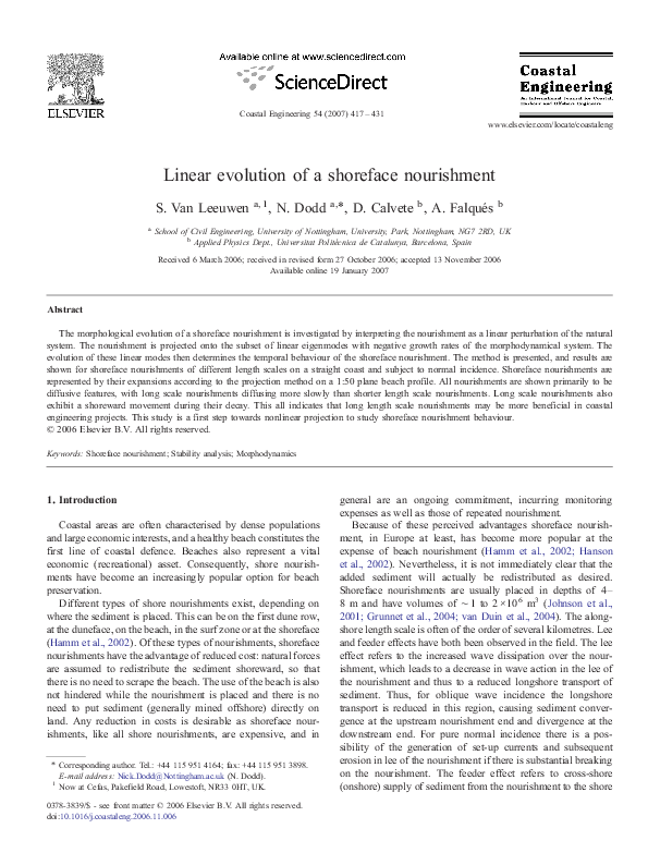 (PDF) Linear evolution of a shoreface nourishment