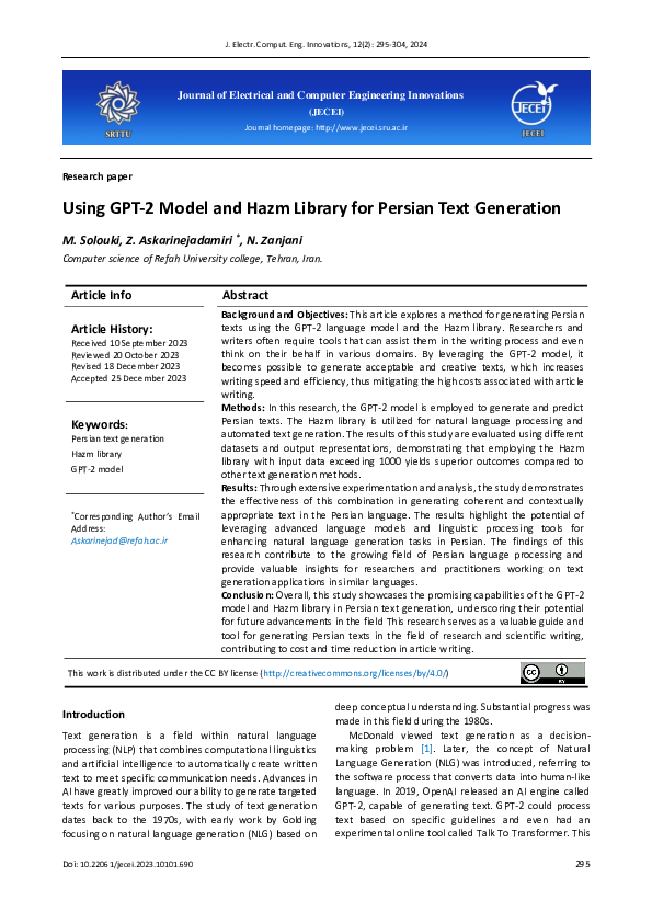 (PDF) Using GPT-2 Model and Hazm Library for Persian Text Generation