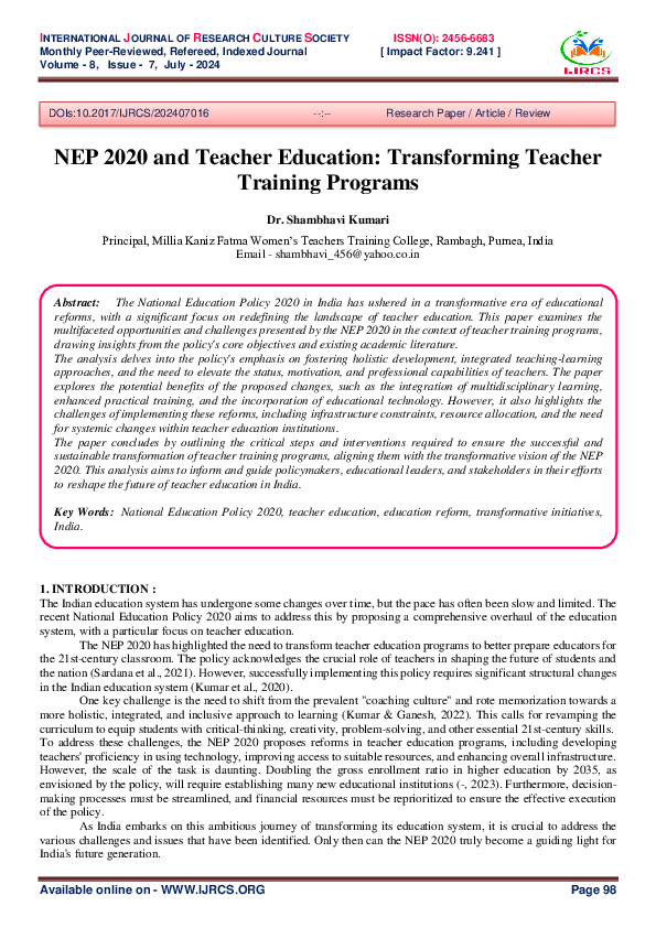 (PDF) NEP 2020 and Teacher Education: Transforming Teacher Training ...