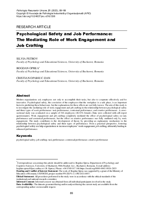(PDF) Psychological Safety and Job Performance: The Mediating Role of ...