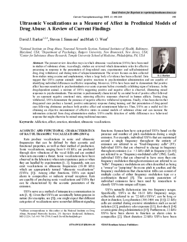 (PDF) Ultrasonic Vocalizations as a Measure of Affect in Preclinical ...