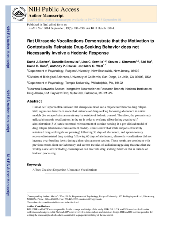 (PDF) Rat ultrasonic vocalizations demonstrate that the motivation to ...