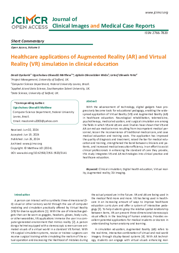 (PDF) Healthcare applications of Augmented Reality (AR) and Virtual ...