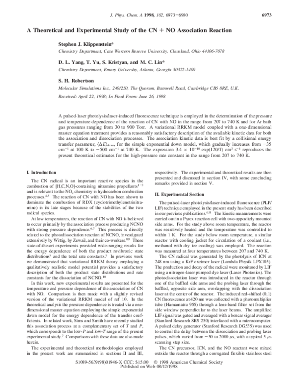 (PDF) A Theoretical and Experimental Study of the CN + NO Association ...