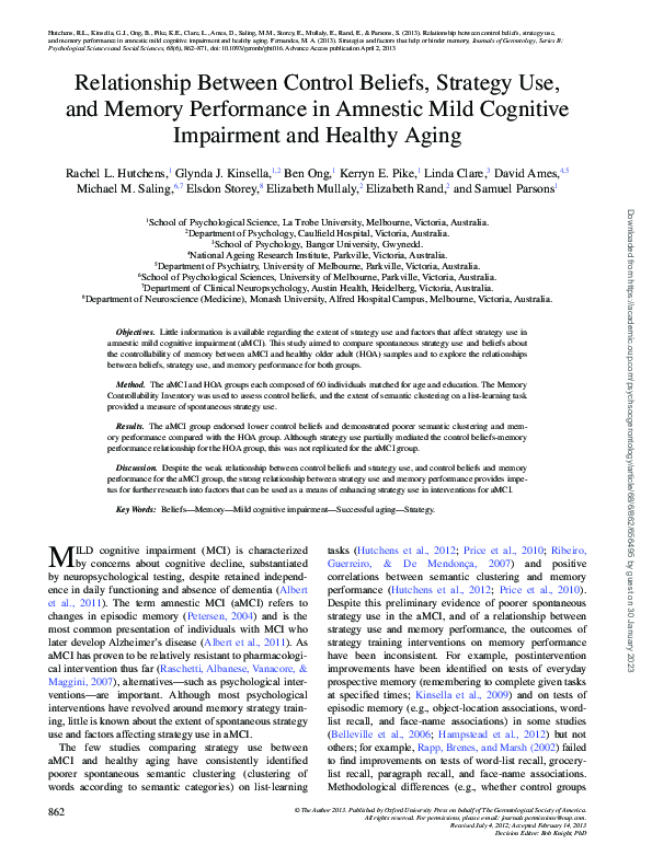 (PDF) Relationship Between Control Beliefs, Strategy Use, and Memory ...