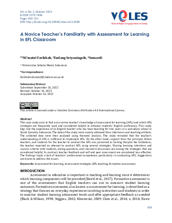 (PDF) A Novice Teacher’s Familiarity with Assessment for Learning in ...