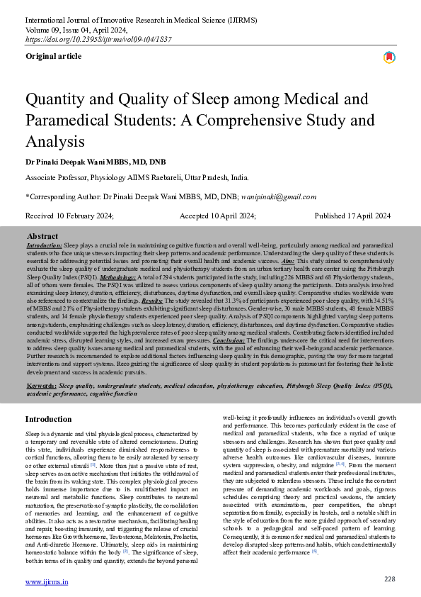 (PDF) Quantity and Quality of Sleep among Medical and Paramedical ...